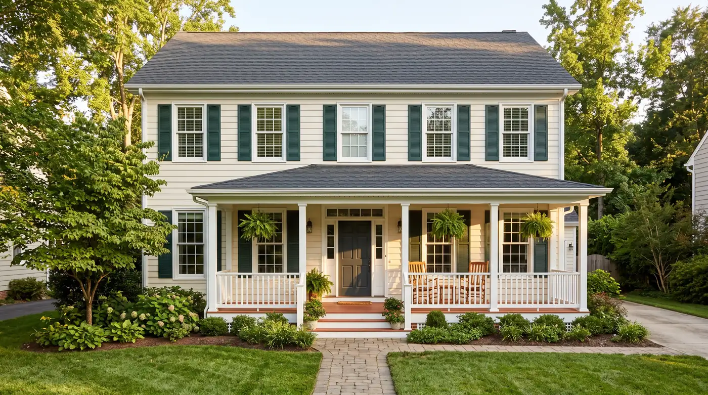 A classic two-story home with white clad-wood double-hung windows with a subtle grid and green shutters, a cream siding wall and a welcoming porch, soft morning light