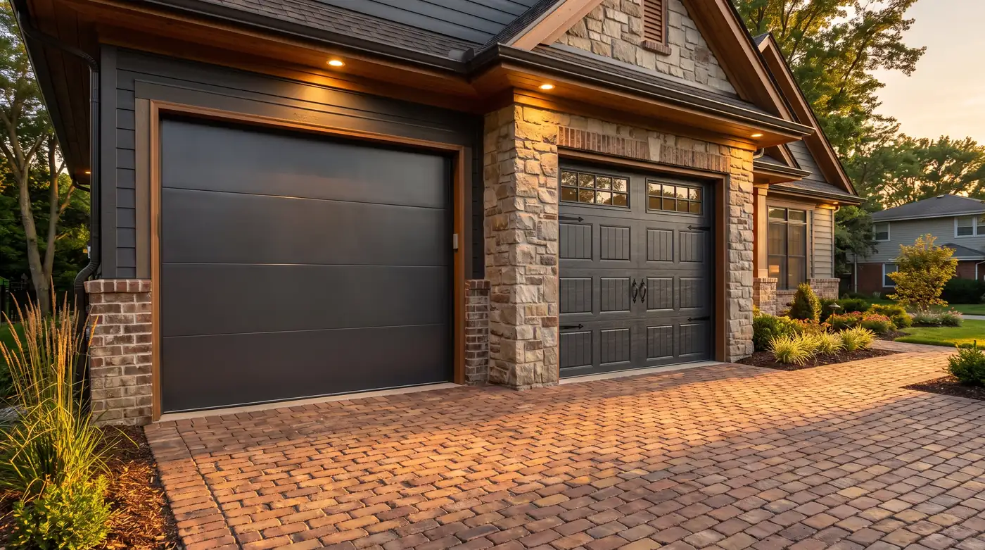 A home with a modern steel garage door and next to it a carriage-house style garage door with decorative hardware, brick driveway, golden hour
