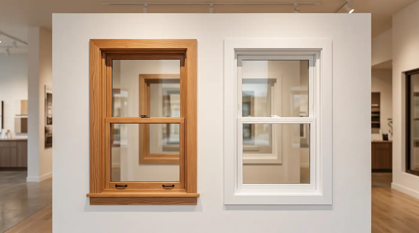 A neat display of a wood window and a white vinyl window side by side on a bright showroom-like wall, soft light, no signs or text
