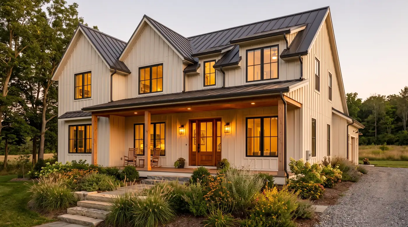 A modern farmhouse with tall black fiberglass windows and a stained front door under a deep porch, board-and-batten siding and warm evening light