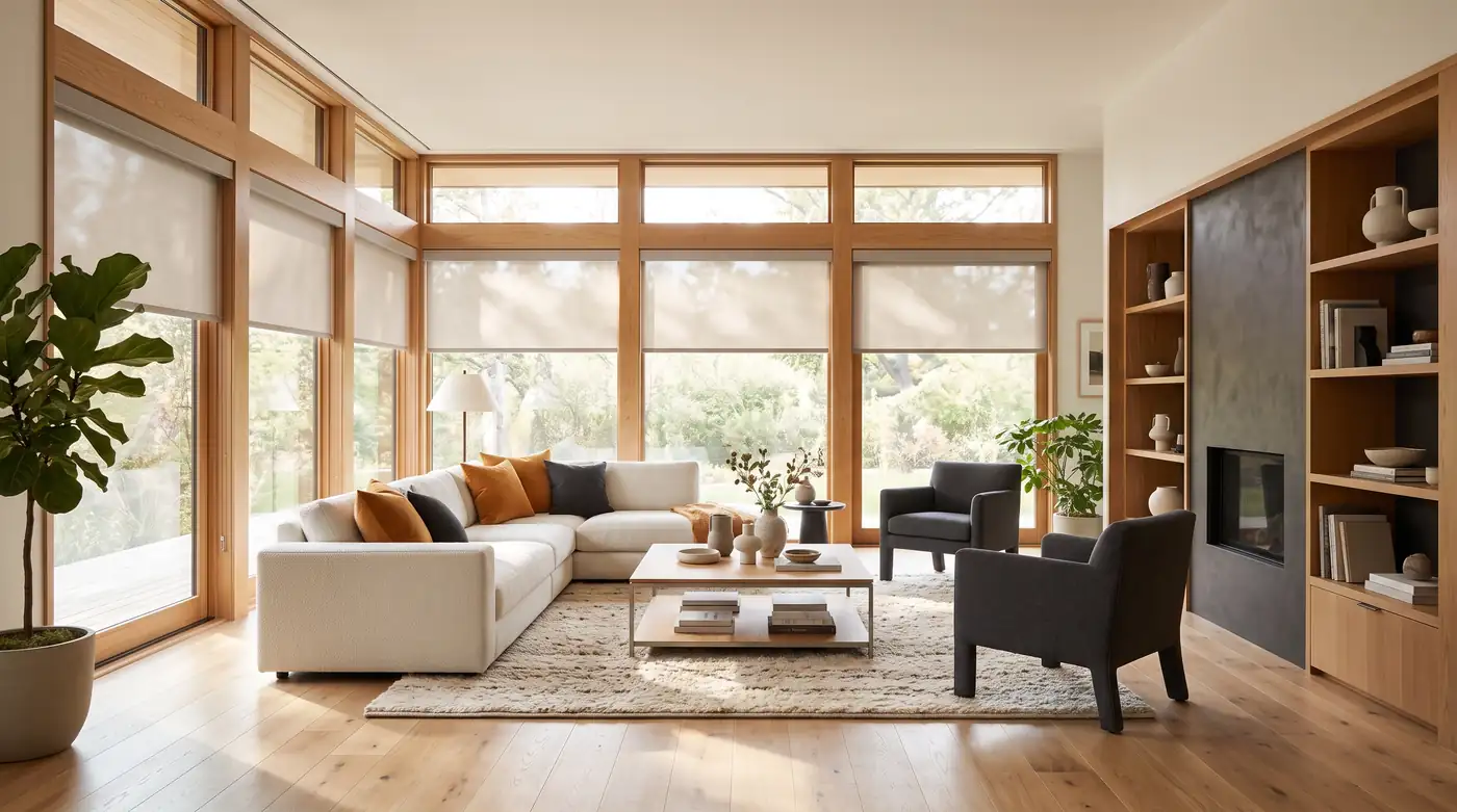 A bright modern living room with large wood-framed windows with sleek integrated shades half lowered, soft daylight on a light oak floor