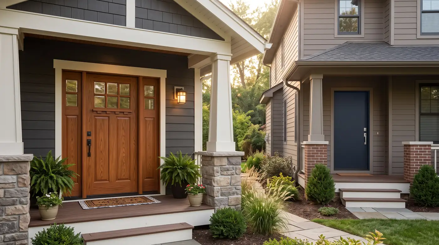 A front porch with a woodgrain fiberglass entry door with sidelites, next to a neighboring home with a bold steel entry door, soft light, no people