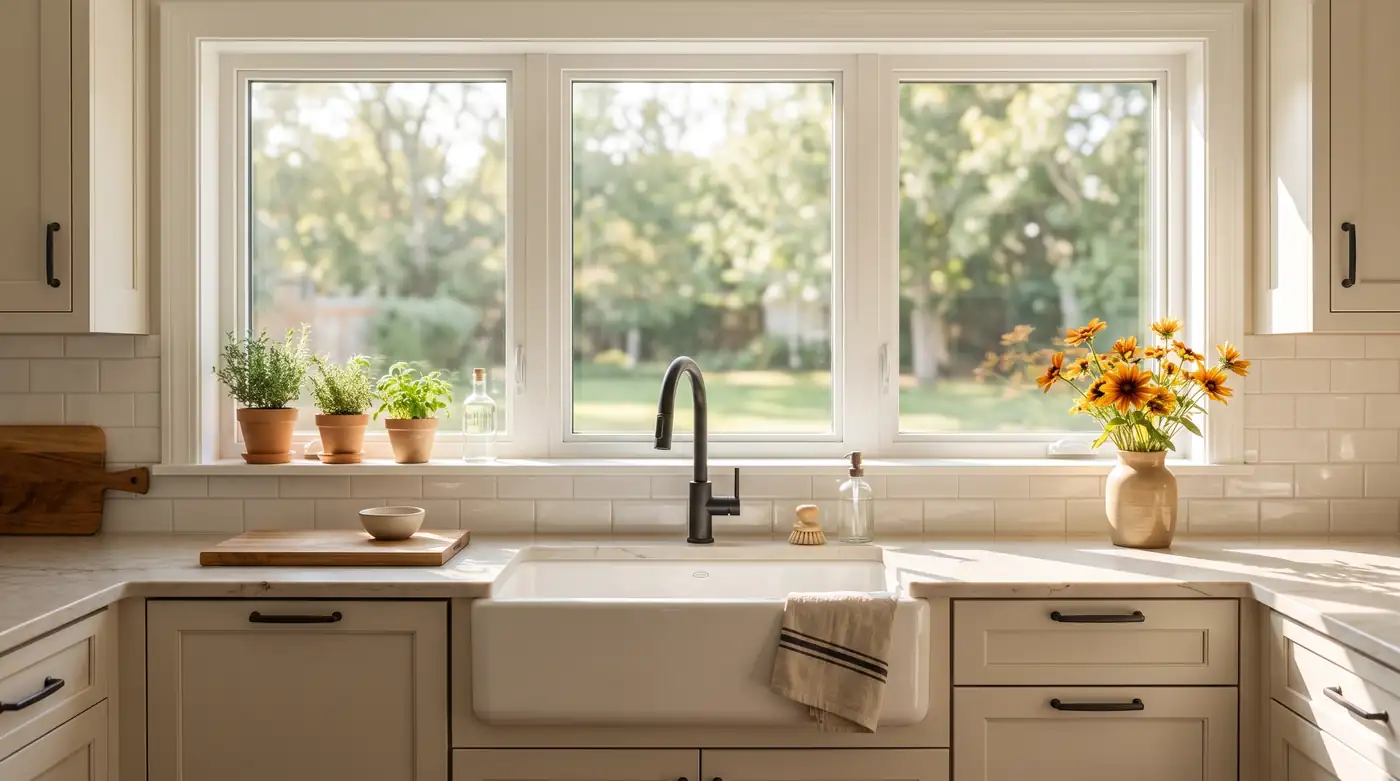 A sunny kitchen with slim-frame white vinyl windows above a farmhouse sink flooding the room with natural light, tidy and bright