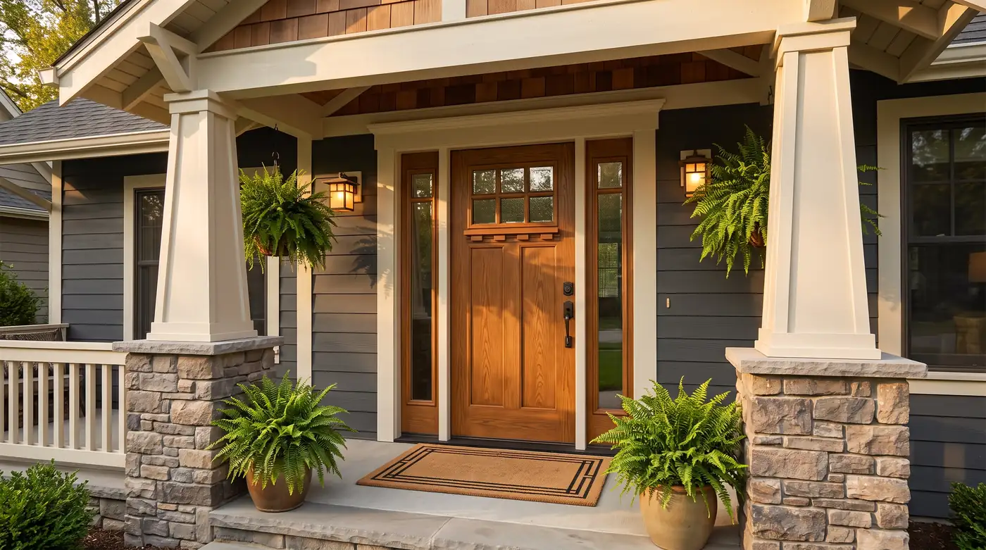 A craftsman home front with a rich oak-grain fiberglass entry door with a glass lite panel and tapered columns, ferns and a welcome mat, warm light