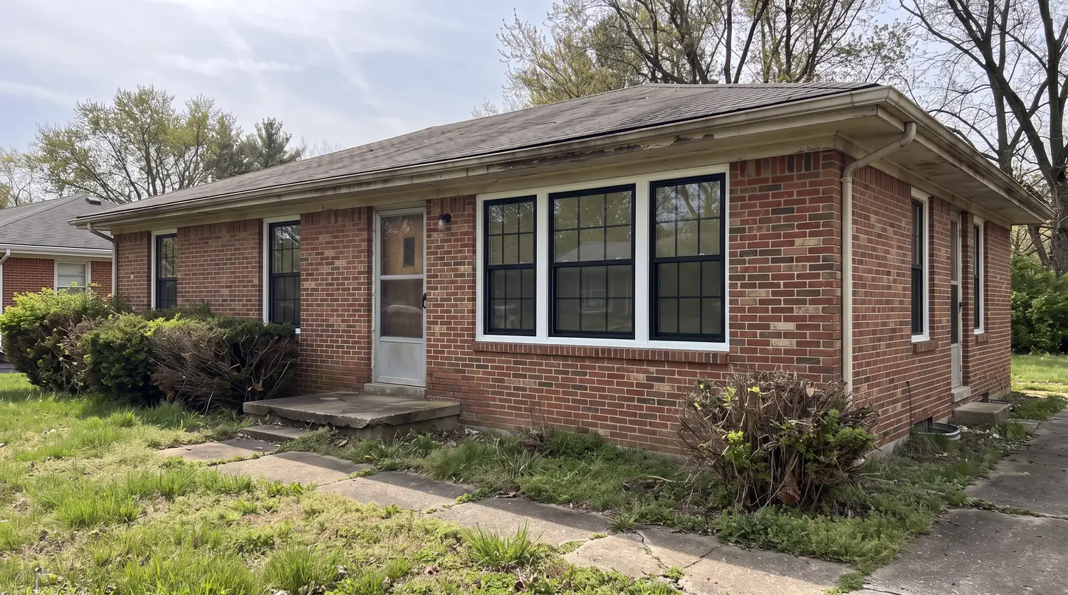 After: A brick ranch house with crisp new black-framed double-hung windows with a simple grid, clean trim and bright sunlight