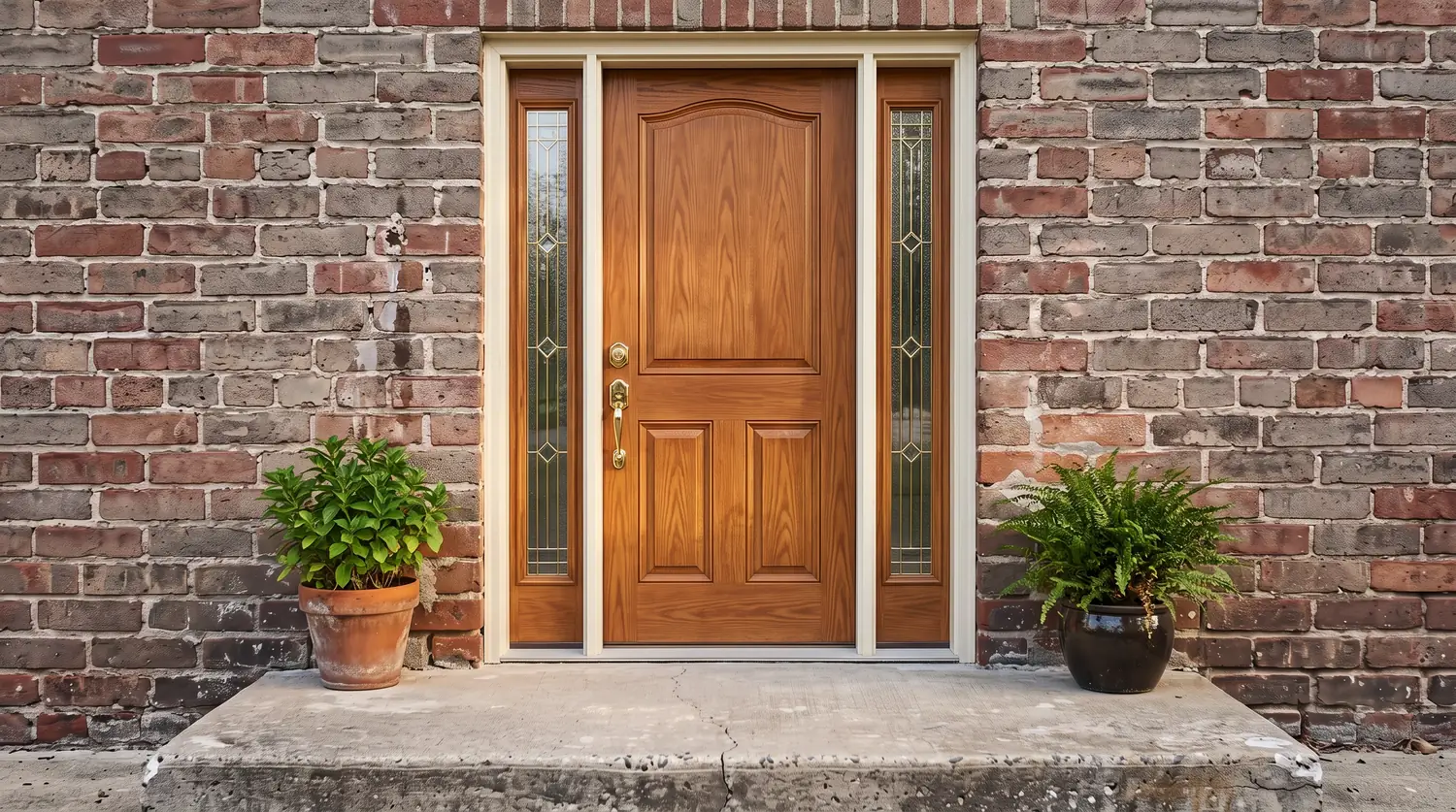 After: A brick home with a beautiful stained fiberglass front door, two glass sidelites, brass hardware, fresh trim and a clean stoop with potted plants