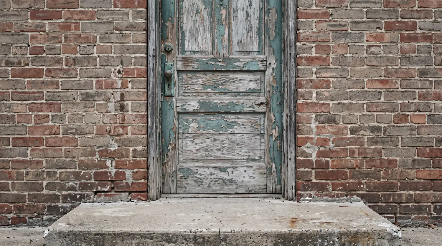 Before: A weathered faded wood front door with peeling paint, a tarnished handle, a bare concrete stoop and no sidelites on a plain brick house, flat gray light