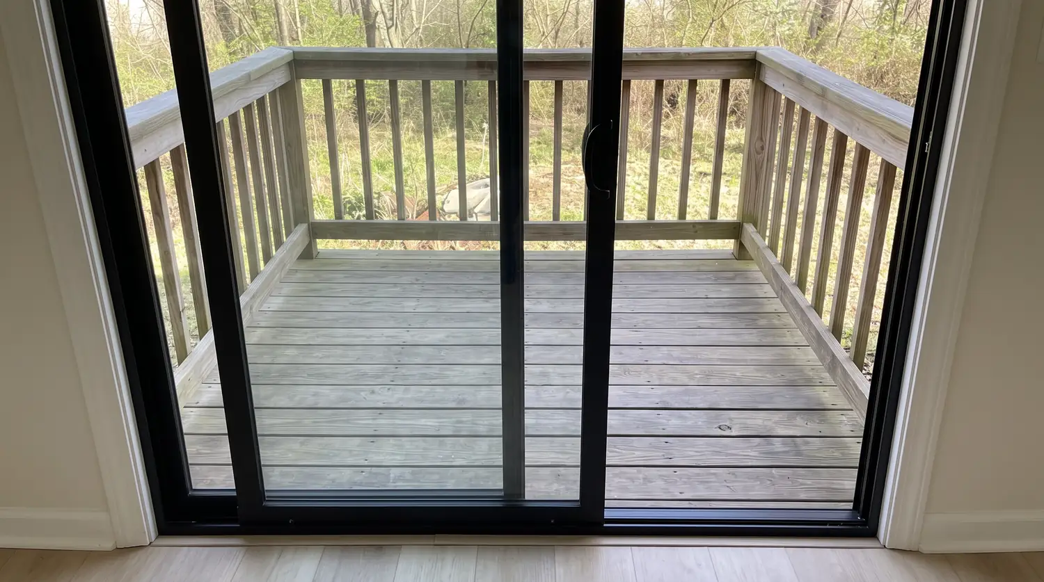After: A wide modern multi-panel sliding glass door with slim black frames opening to a deck in bright daylight