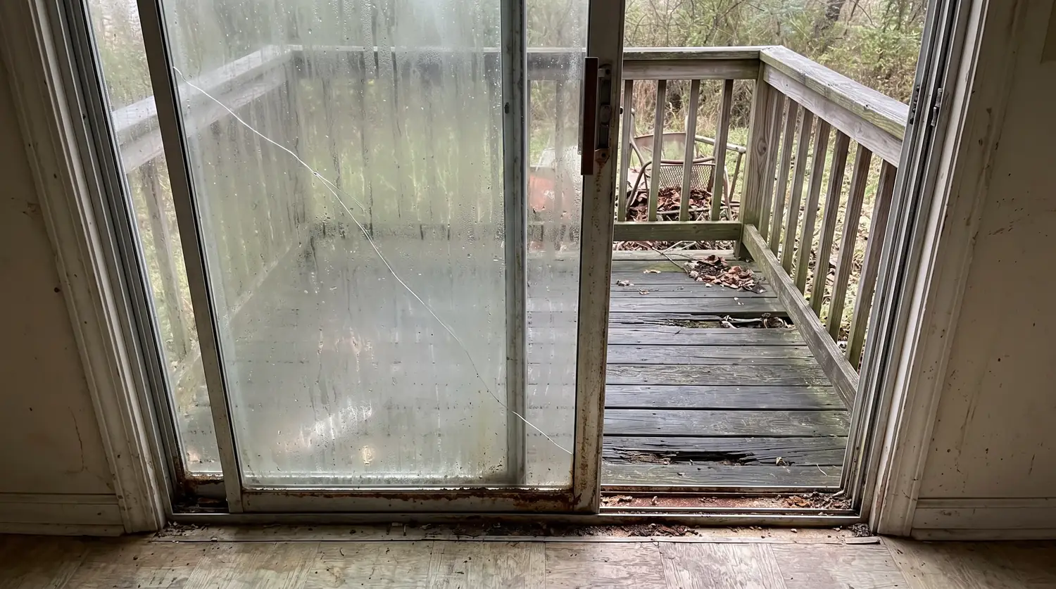 Before: A small old sliding glass door with a rusty track and a cracked fogged pane opening to a worn small deck, dim flat lighting