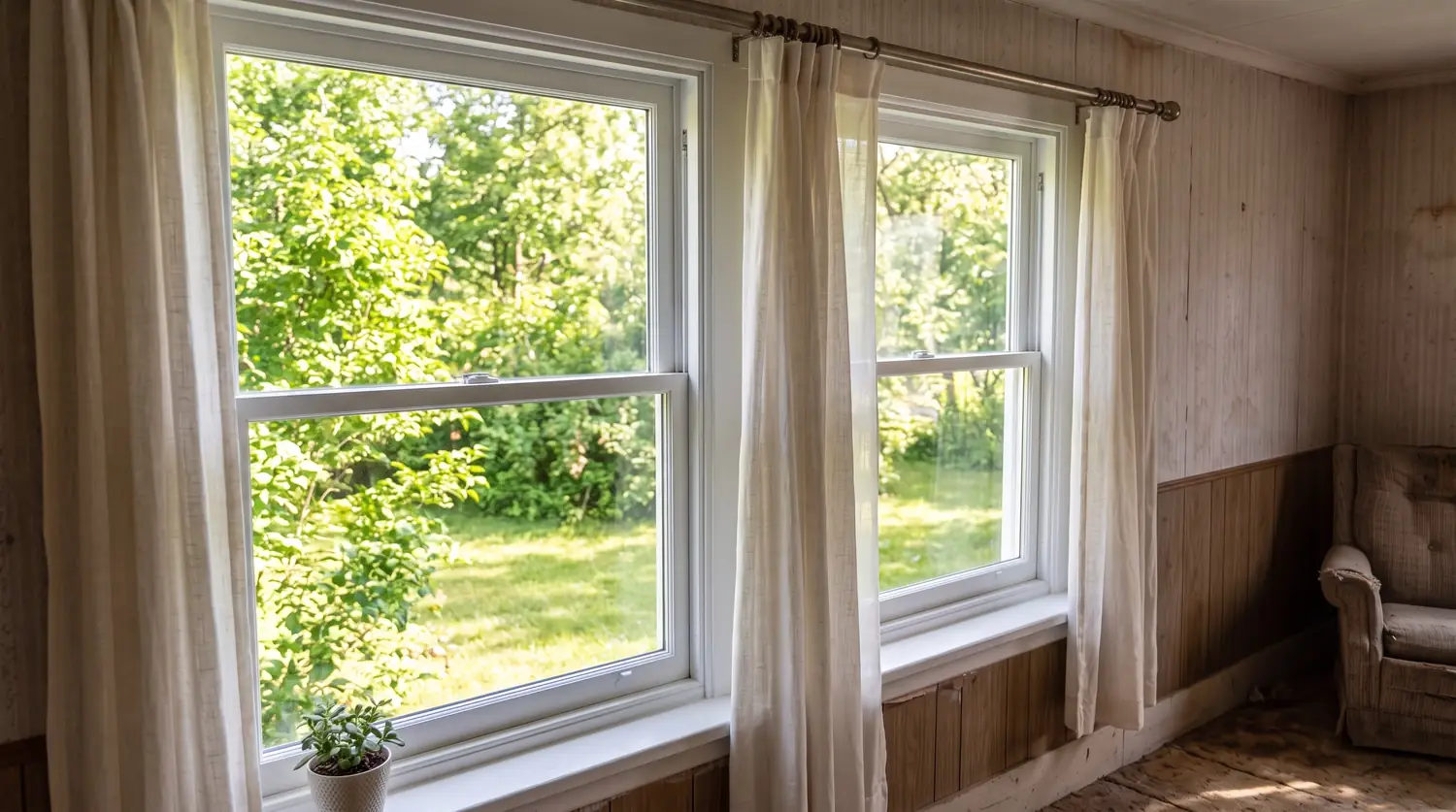 After: A living room with large crystal-clear new windows showing a bright green yard, light airy drapes and warm daylight
