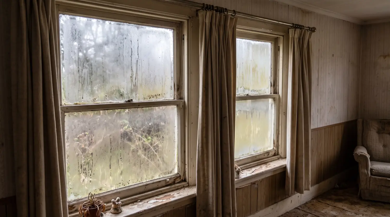 Before: A living room with two old windows whose panes are fogged and stained with moisture between the glass, dated beige curtains, a dim view