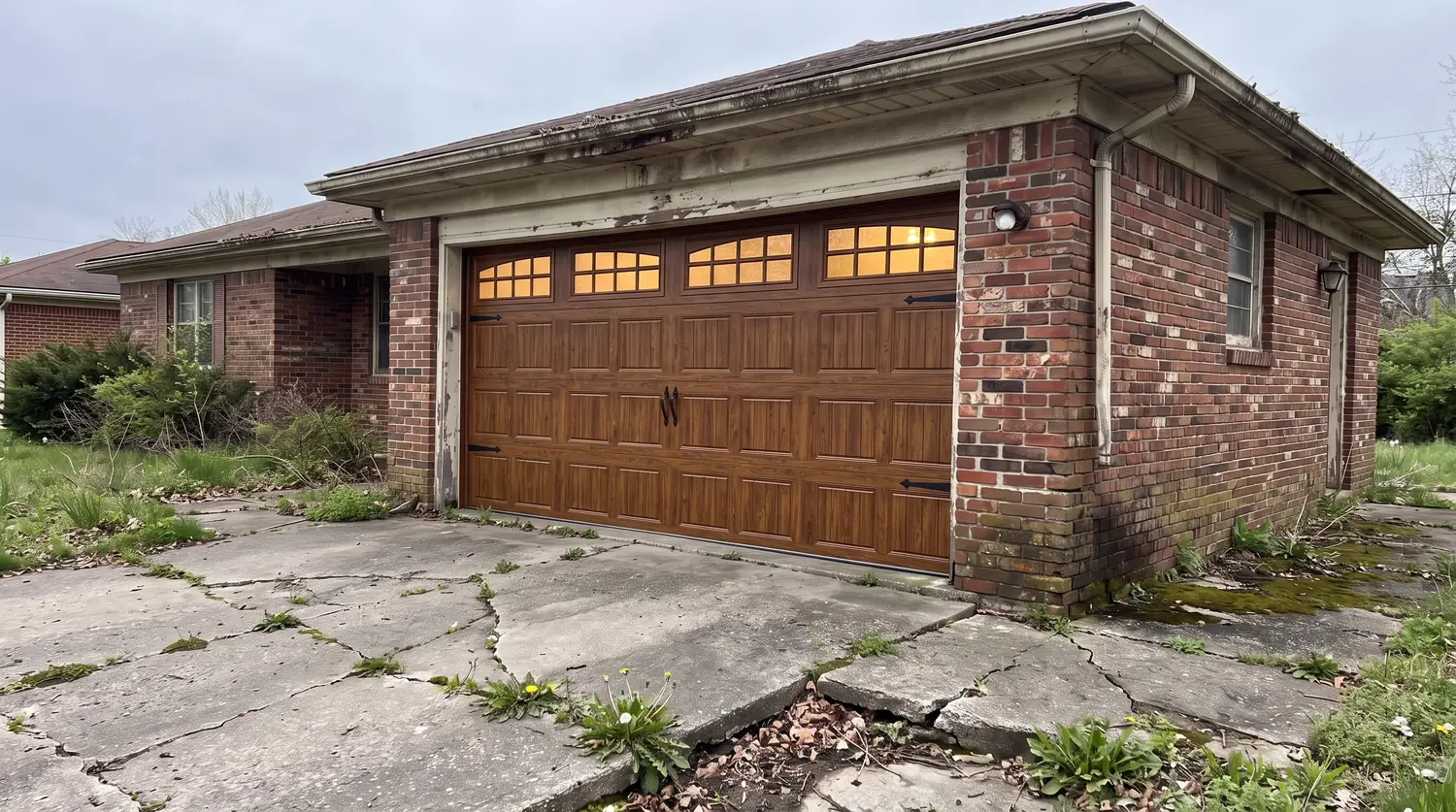 After: A brick home with a beautiful stained wood-look carriage house garage door with decorative black hardware and small windows in warm light