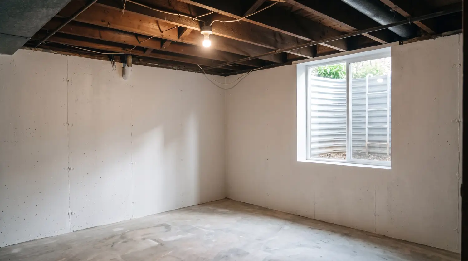 After: A basement room with a large clean egress window and window well, daylight pouring in and fresh painted walls