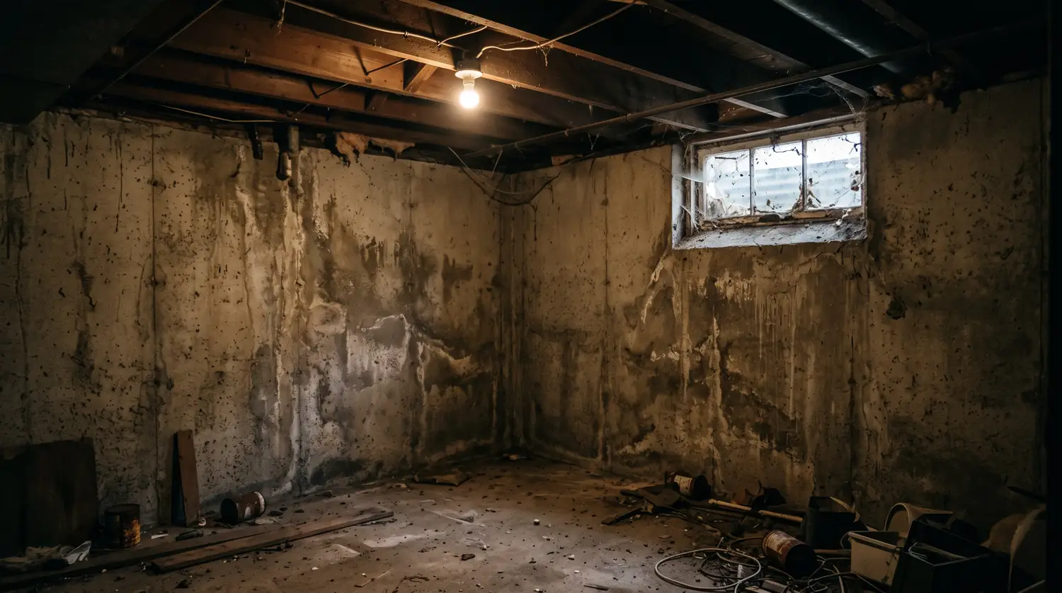 Before: A dim unfinished basement corner with a tiny dirty basement window high on a concrete wall, bare bulb lighting
