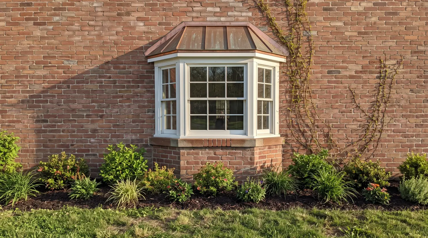 After: A brick home with a handsome bay window with white trim and a copper roof, fresh landscaping and warm sunlight