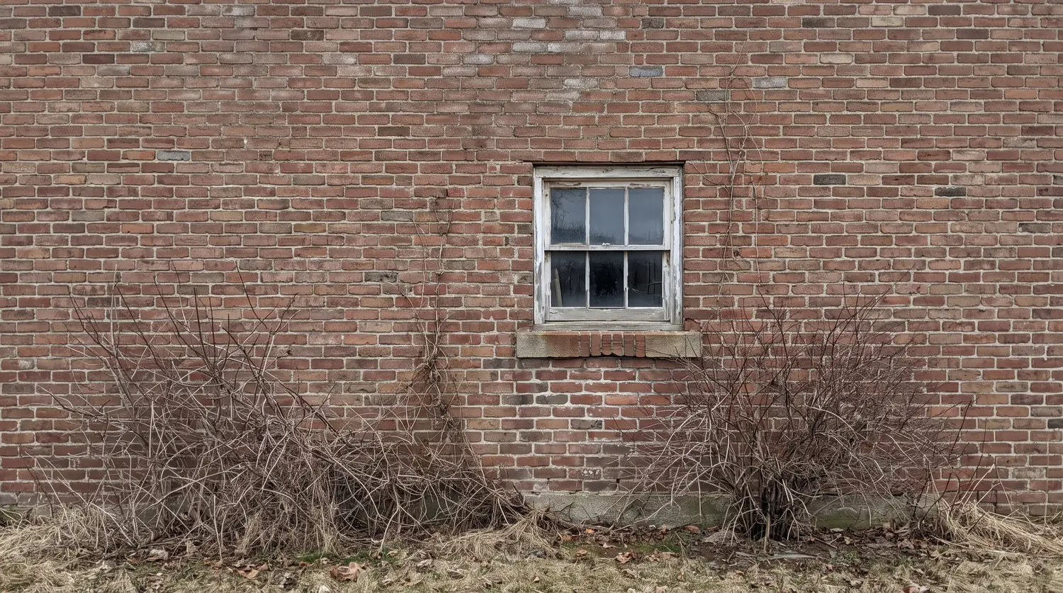 Before: A plain flat front wall of a brick home with one small old window, bare shrubs and flat gray light
