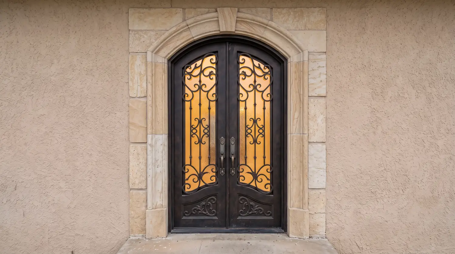 After: Grand wrought iron double entry doors with scrollwork over glass and stone trim around the opening in warm golden light