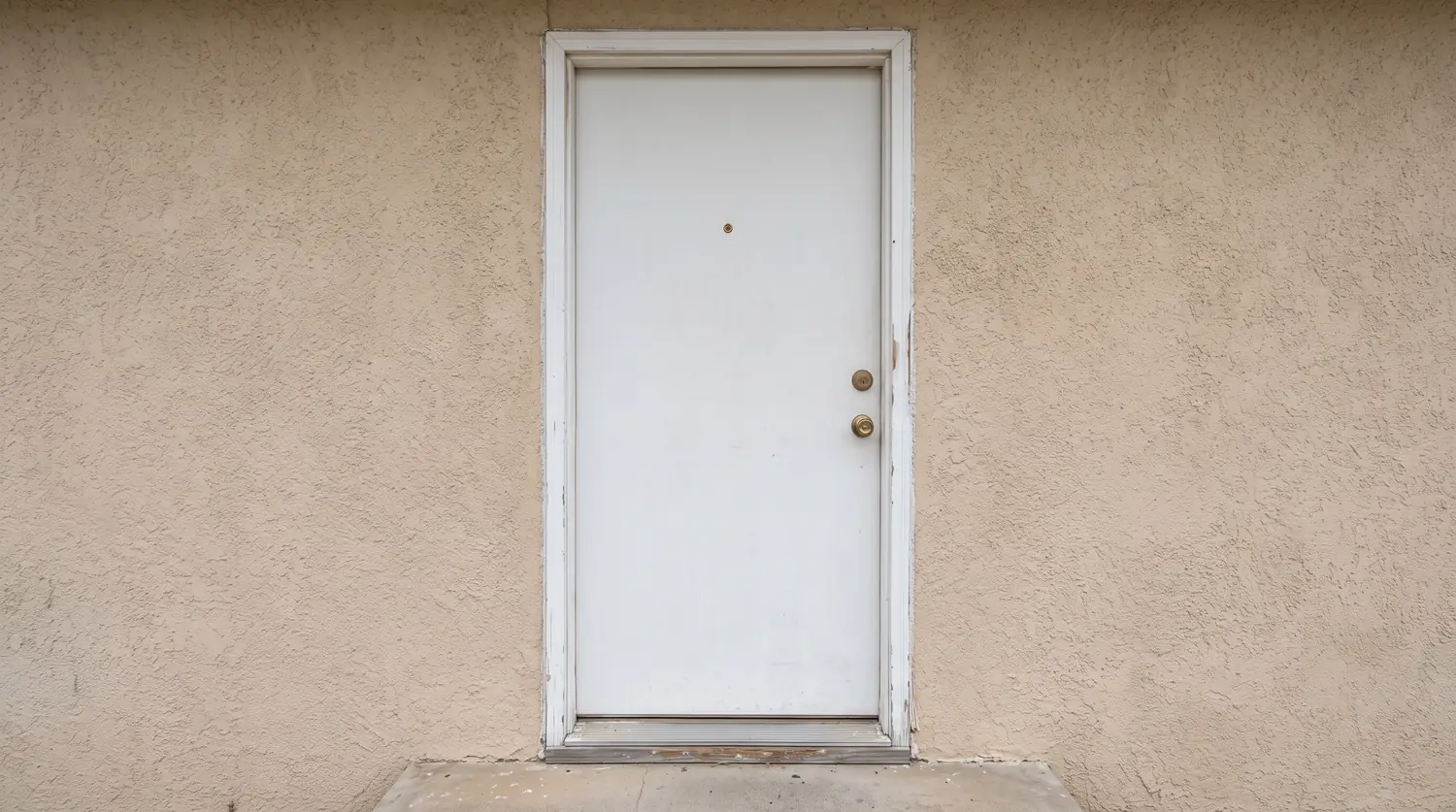 Before: A plain builder-grade white hollow entry door with a small peephole on a beige stucco entry, flat light
