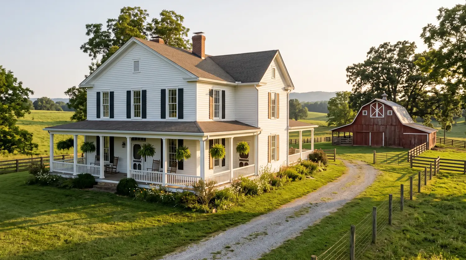 A white farmhouse with a wraparound porch, tall double-hung windows, a screen door and a restored red barn on rolling green Tennessee farmland in golden light