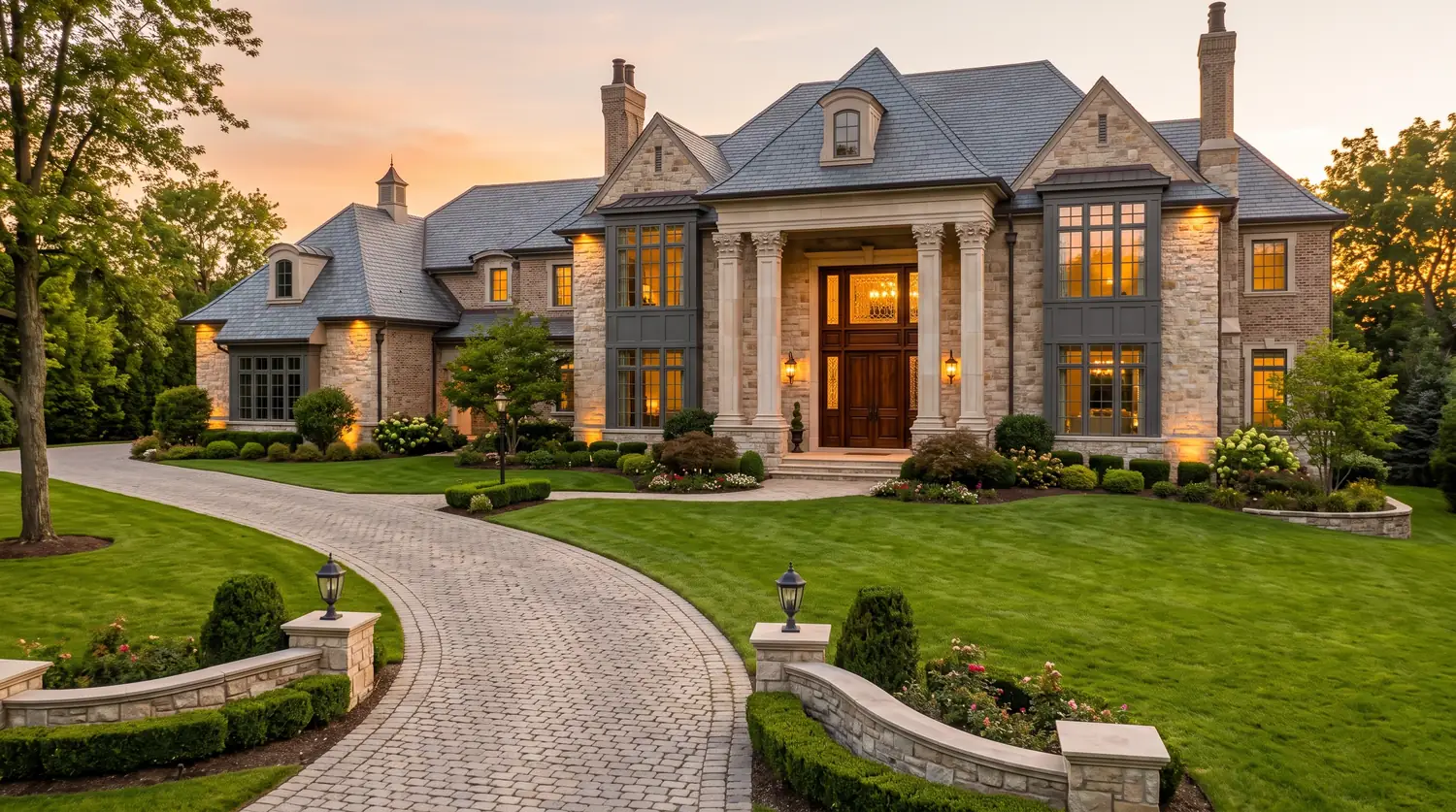 A large luxury estate home with a long curving driveway, stone columns, a grand double entry door with sidelites and a transom, tall windows and manicured landscaping at golden hour