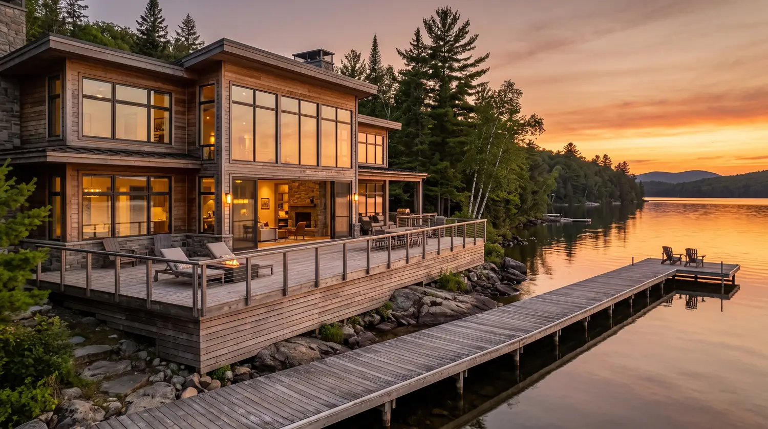 A stunning lake house with a long wooden dock, large picture windows and a sliding glass door wall opening to a wraparound deck, calm water at sunset