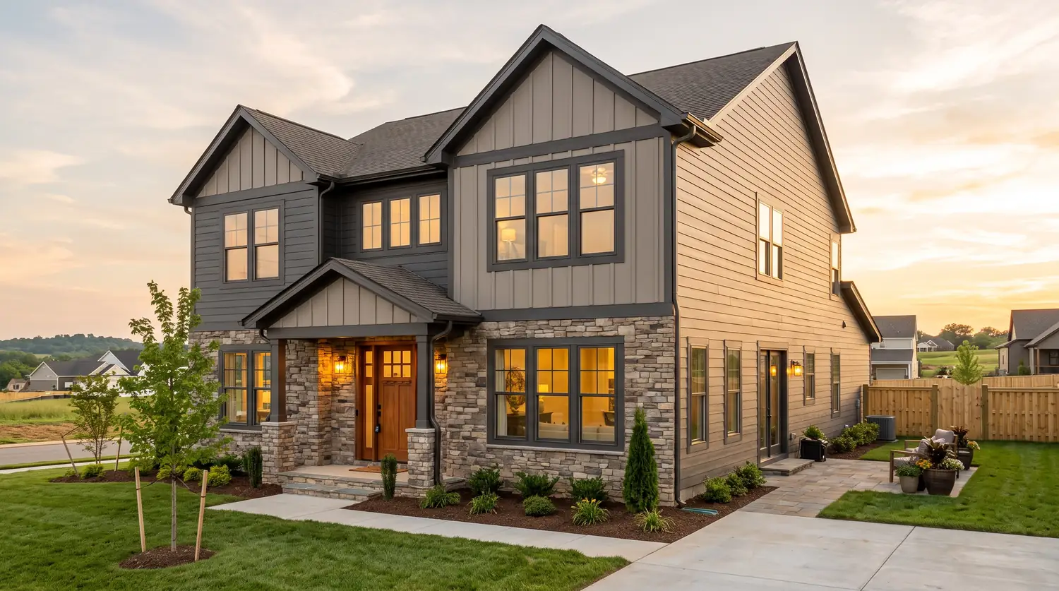 A newer two-story stone and siding home in a new Tennessee neighborhood with a freshly upgraded wood-look front door, large windows and a backyard patio door with warm evening light
