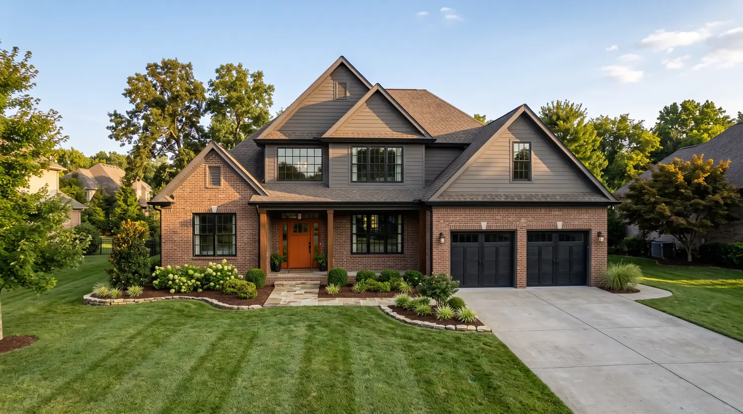 Suburban Home With New Windows and Door | Music City Door & Window Services A well-kept two-story suburban Middle Tennessee home with new black-framed windows, a bold painted front door, a two-car garage and a tidy lawn under a blue sky