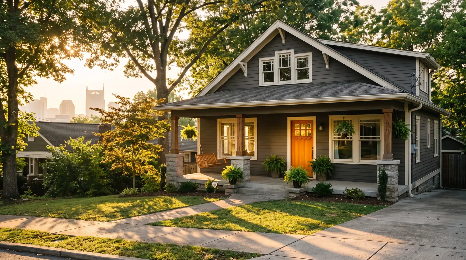 A charming East Nashville craftsman bungalow with crisp new windows with a prairie grid, a freshly stained front door under a deep porch, mature trees and downtown buildings faintly visible far behind, golden hour
