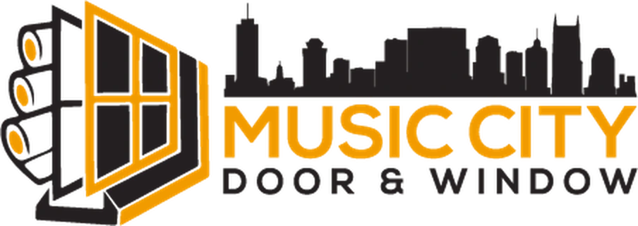 Music City Door and Window Services logo with an amber window beside the Nashville skyline