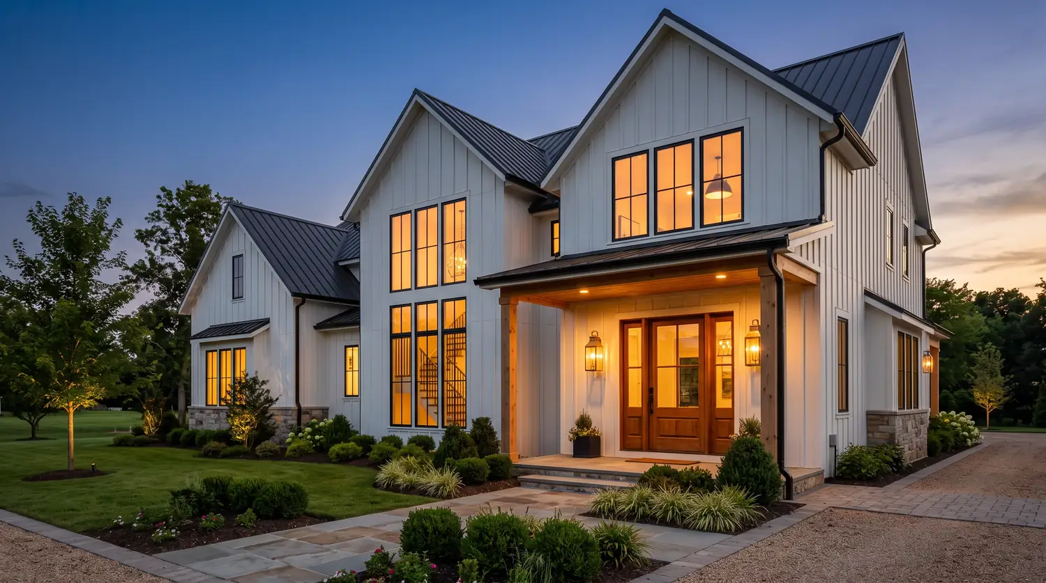 A stunning modern farmhouse at dusk with tall black-framed windows glowing warm amber, a stained wood front door under a covered porch, board-and-batten siding, brass lanterns and manicured landscaping