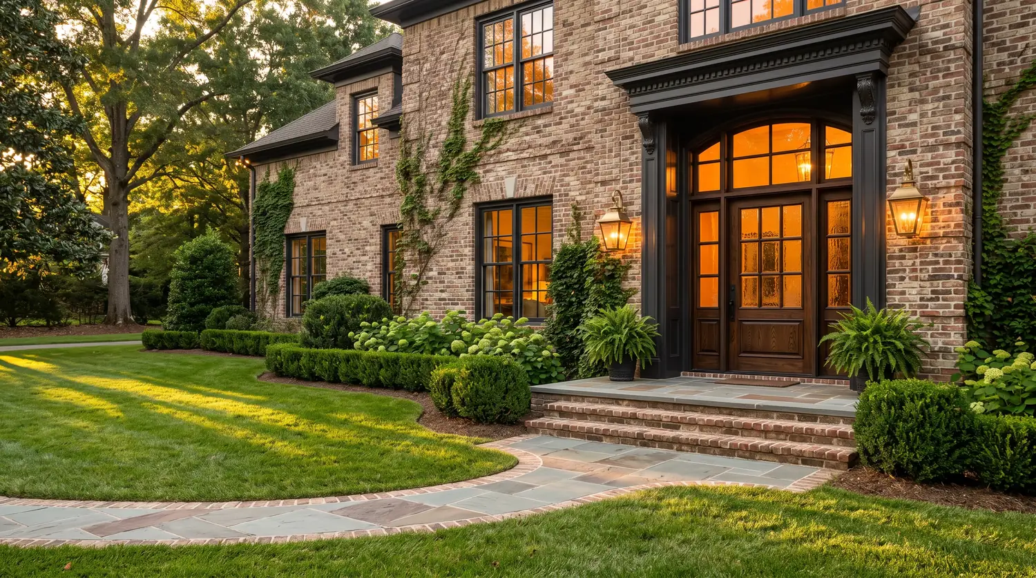 A breathtaking Nashville brick Southern home entrance at golden hour with a grand stained fiberglass double front door with glass lites, a tall arched transom and sidelites glowing with warm amber light, black-framed windows, lush landscaping and brass lanterns, no people, calm empty lawn on the left side of the frame