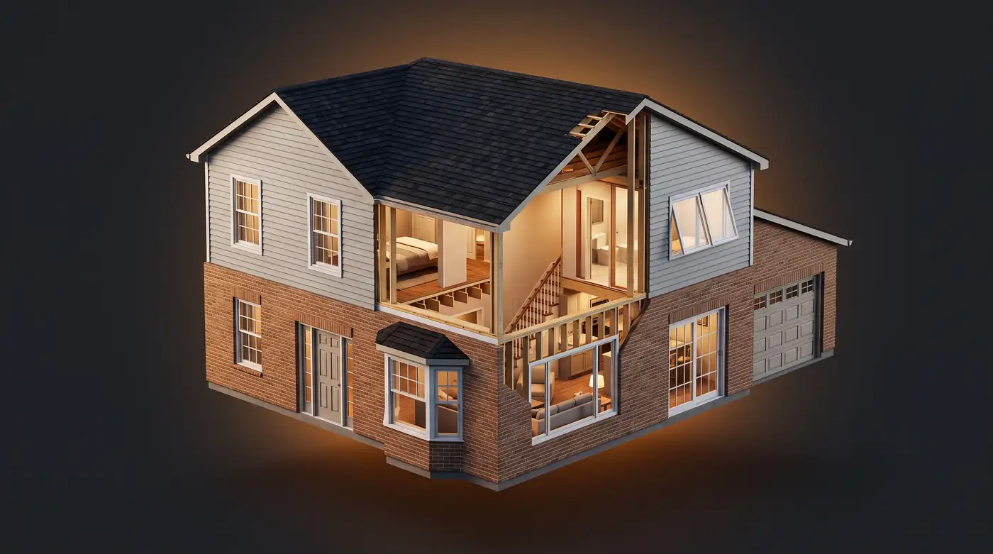 Cutaway of a Home With Every Window and Door Style | Music City Door & Window Services A detailed isometric 3D cutaway of a two-story brick and siding home clearly showing a front entry door with sidelites, double-hung windows, a bay window, a picture window, casement windows, a sliding patio door and an attached garage door, floating on a dark charcoal background with a warm amber glow