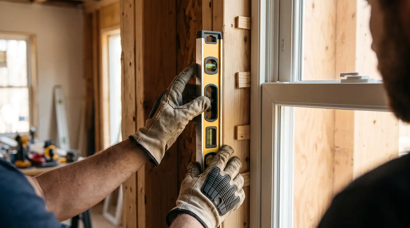 Installer Checking a New Window for Level | Music City Door & Window Services A close-up of a skilled installer’s gloved hands placing a level on a freshly installed double-hung window in a clean framed opening, bright natural light, shallow depth of field