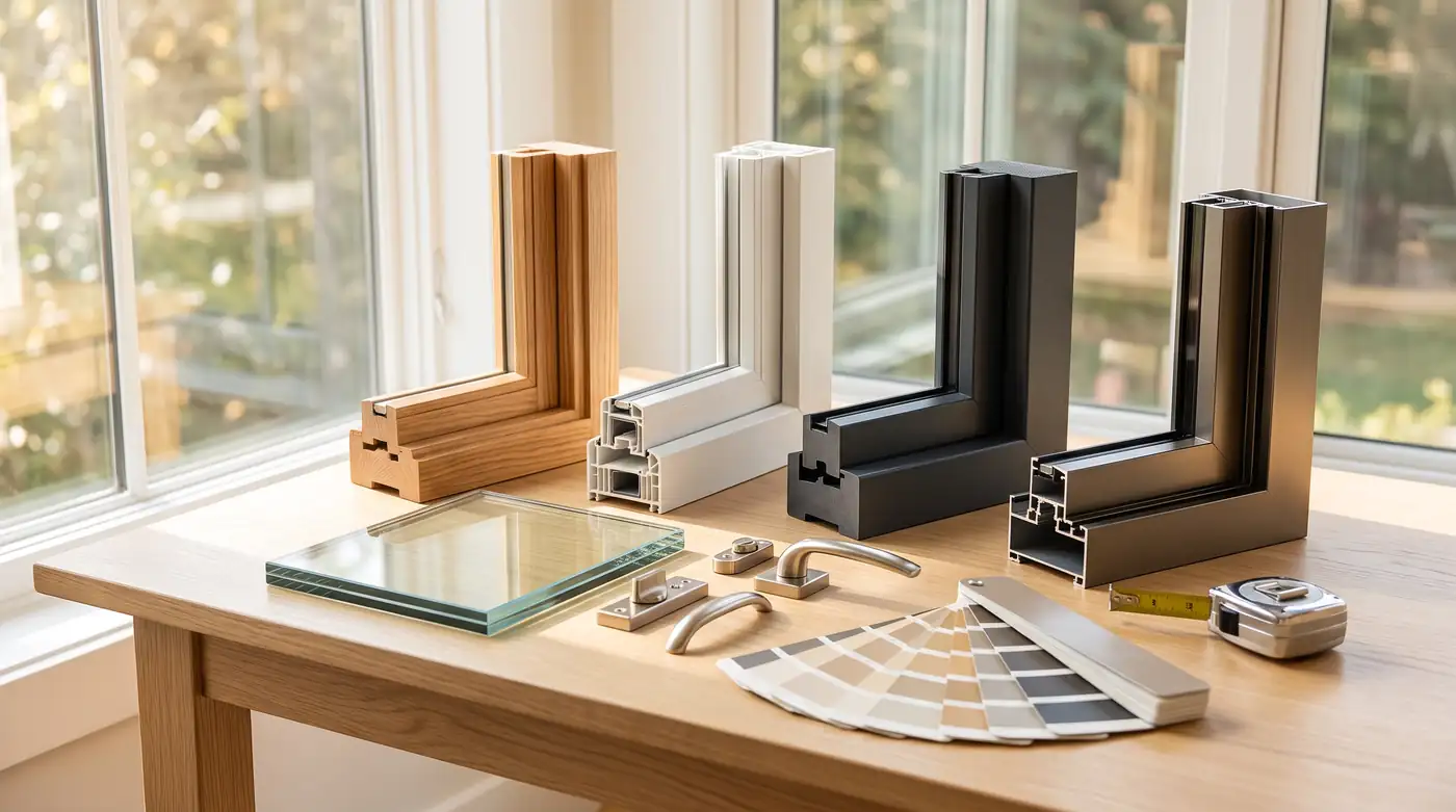 A beautiful design table beside a bright window with corner samples of wood, vinyl, fiberglass and aluminum window frames, a glass sample, brushed hardware, paint color chips and a tape measure arranged neatly