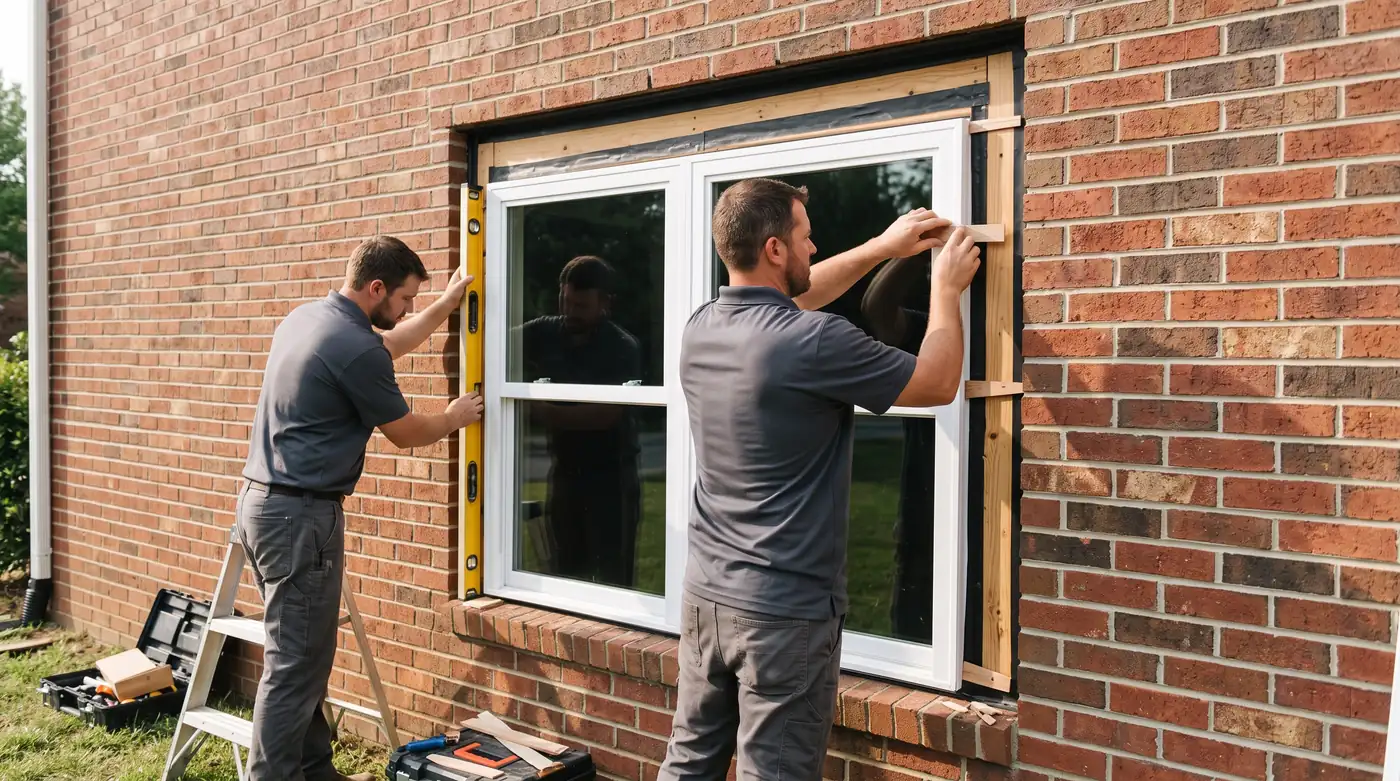 Two skilled installers in neat charcoal work shirts carefully setting a new white window into a framed opening on a brick Tennessee home with a level and shims, bright morning light