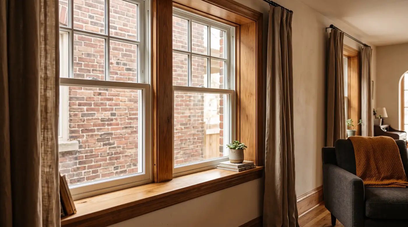Clad-Wood Double-Hung Windows With Vinyl Cladding | Music City Door & Window Services A warm living room view of a white double-hung window with a stained wood interior frame, a brick exterior beyond, soft daylight on the sill