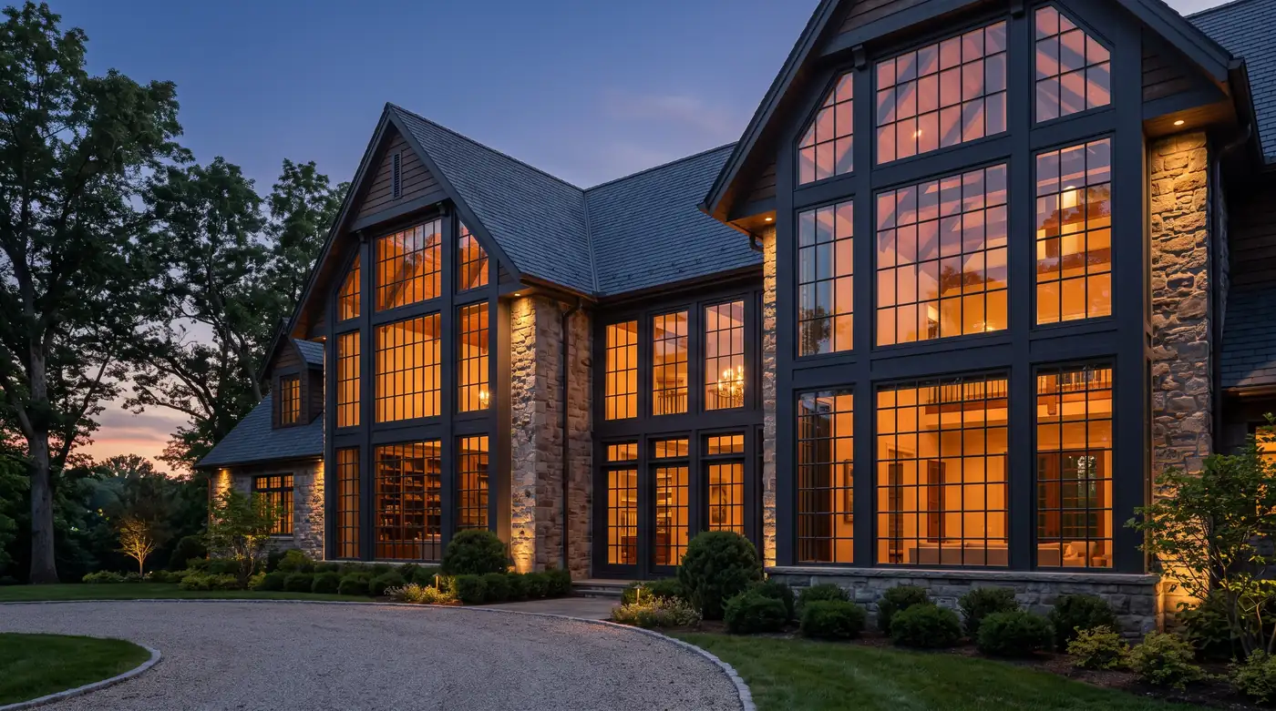 Architectural Clad-Wood Windows | Music City Door & Window Services A stately home with tall architectural clad-wood windows with authentic divided lites and a warm interior glow at twilight, no people