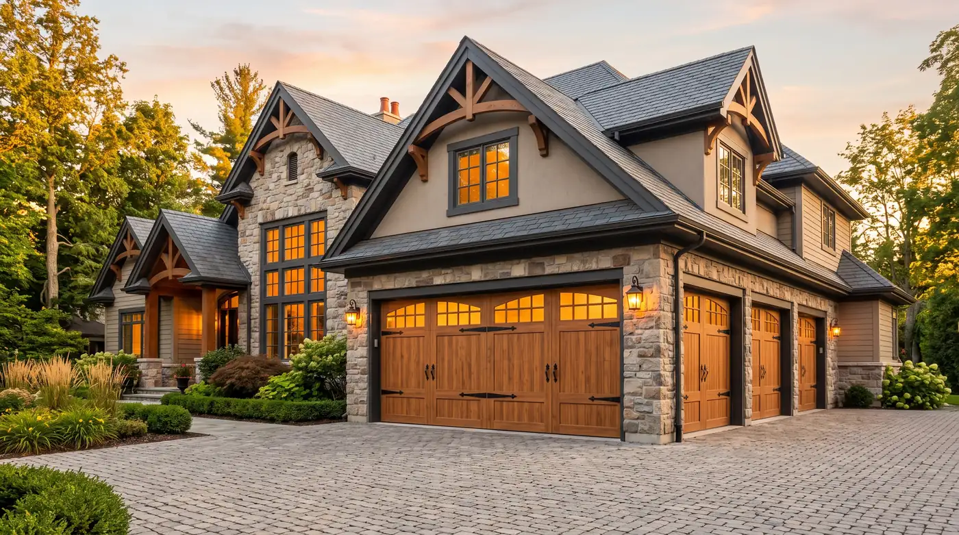 A luxurious home with a carriage-house garage door in a rich wood-look finish with black decorative hardware and arched glass lites, golden hour