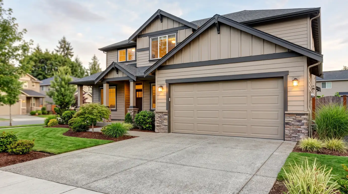 A clean suburban home with a tan insulated steel sectional garage door with long panels and a tidy driveway, soft light