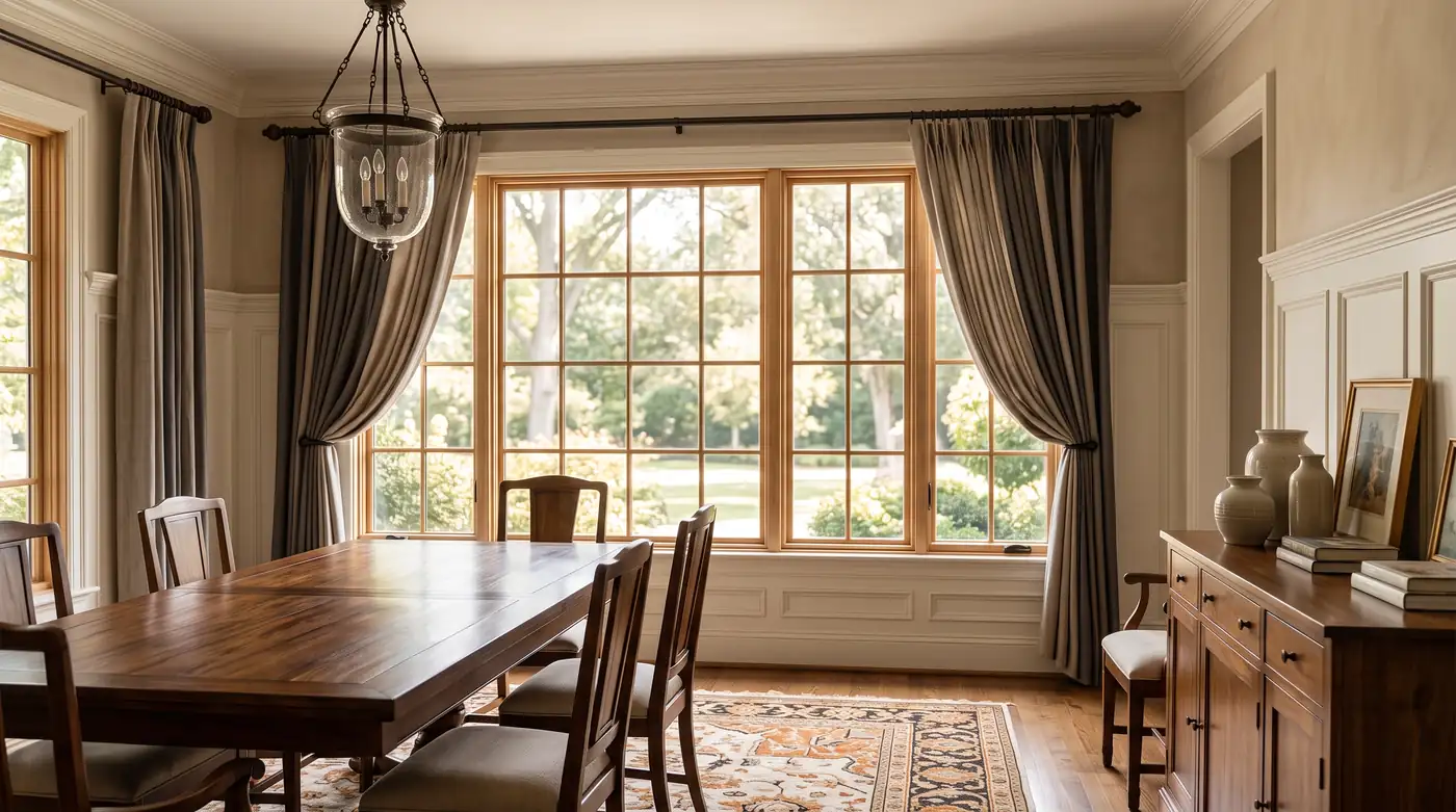 A traditional dining room with elegant clad-wood windows with a simple grid, drapes pulled back and warm light, a wood table in the foreground