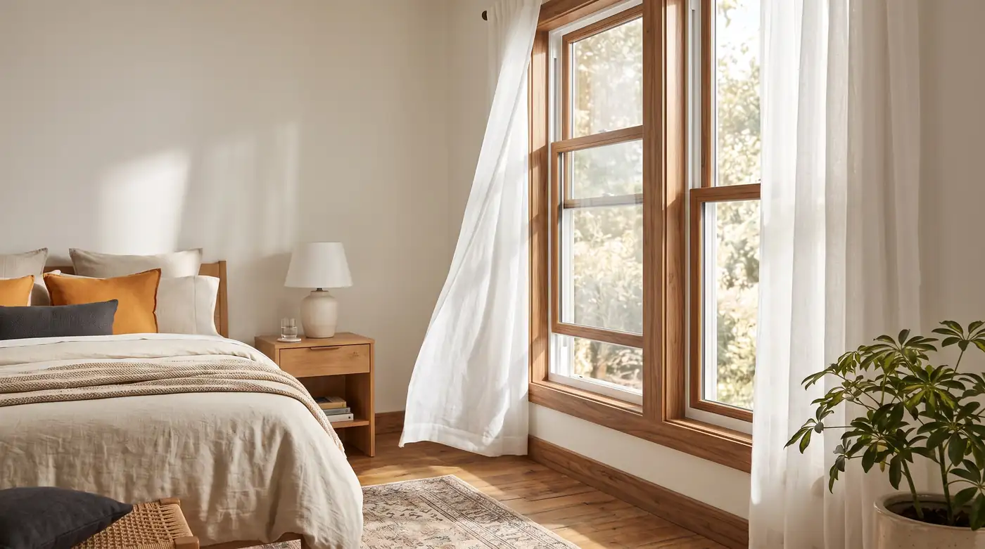 A bright bedroom with premium white vinyl windows with a wood-look interior laminate and a soft breeze through a half-open sash