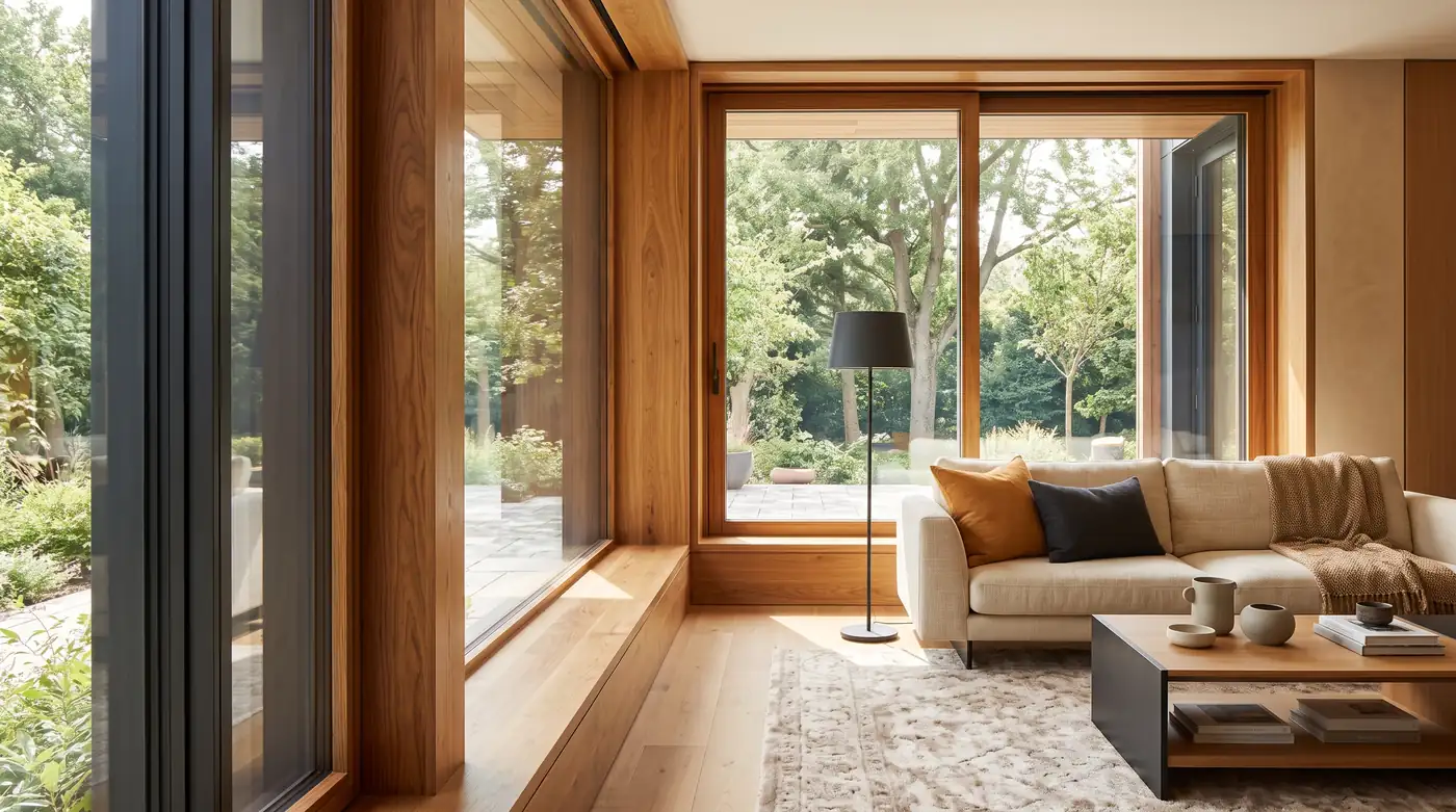 Wood Interior and Fiberglass Exterior Windows | Music City Door & Window Services A refined living room with warm natural wood-interior windows and a calm outdoor view, with a crisp dark exterior frame visible outside, bright light