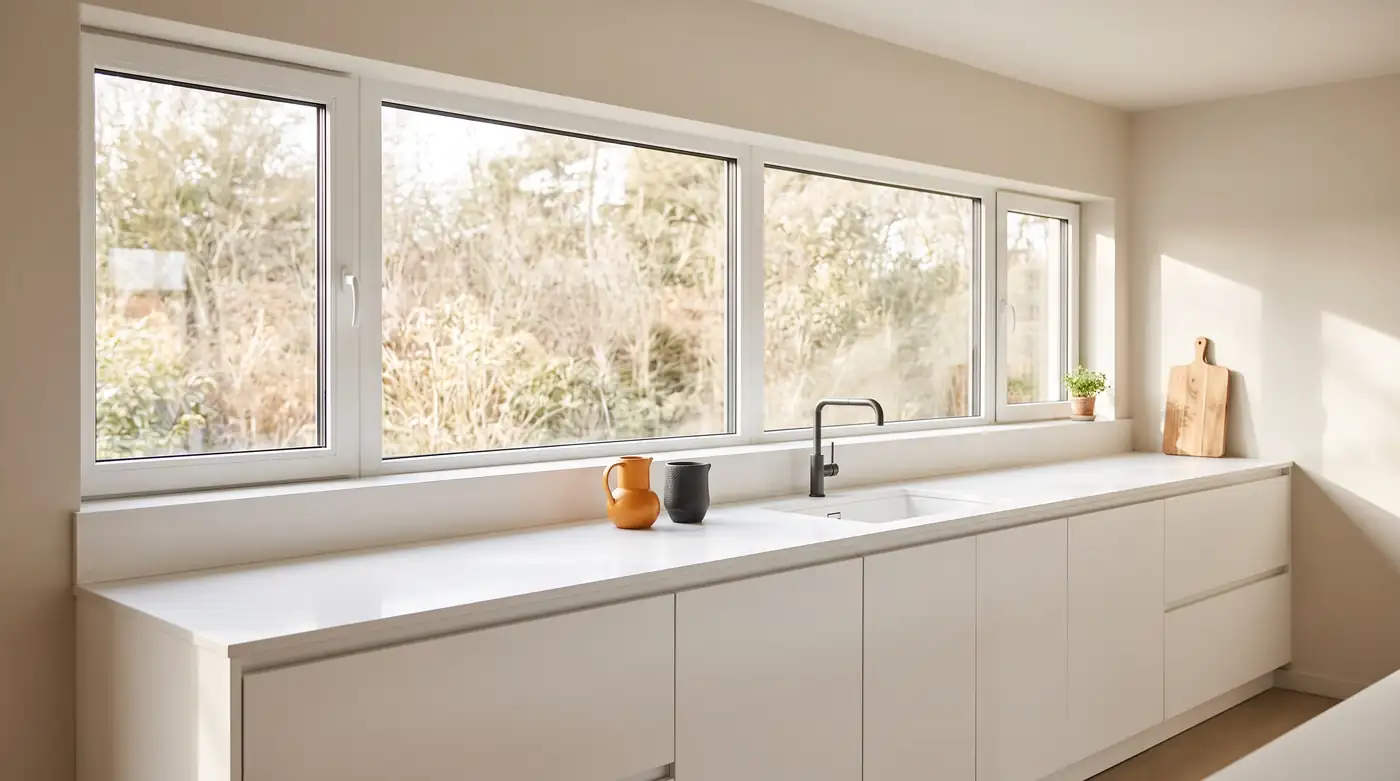 Slim Fiberglass Windows With Clean Lines | Music City Door & Window Services A minimalist kitchen with slim white fiberglass casement windows with clean lines over a white counter, bright light, no people