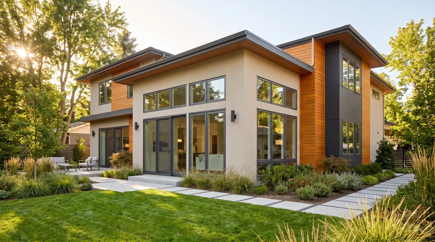 Fiberglass Windows in a Low-Maintenance Finish | Music City Door & Window Services A clean contemporary home with slim gray fiberglass windows in a low-maintenance factory finish and a view of a landscaped yard, bright light