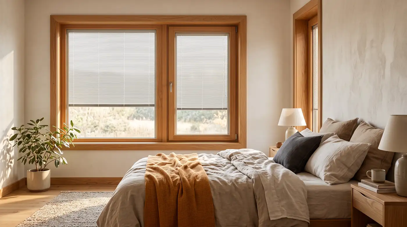 A bedroom with wood-interior windows with built-in shades between the glass partly lowered, soft morning light and linen bedding