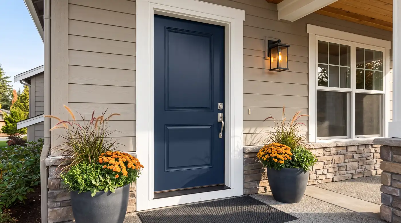 A home front with a deep navy-painted steel entry door with a clean panel profile, brushed nickel handle and white trim, crisp light