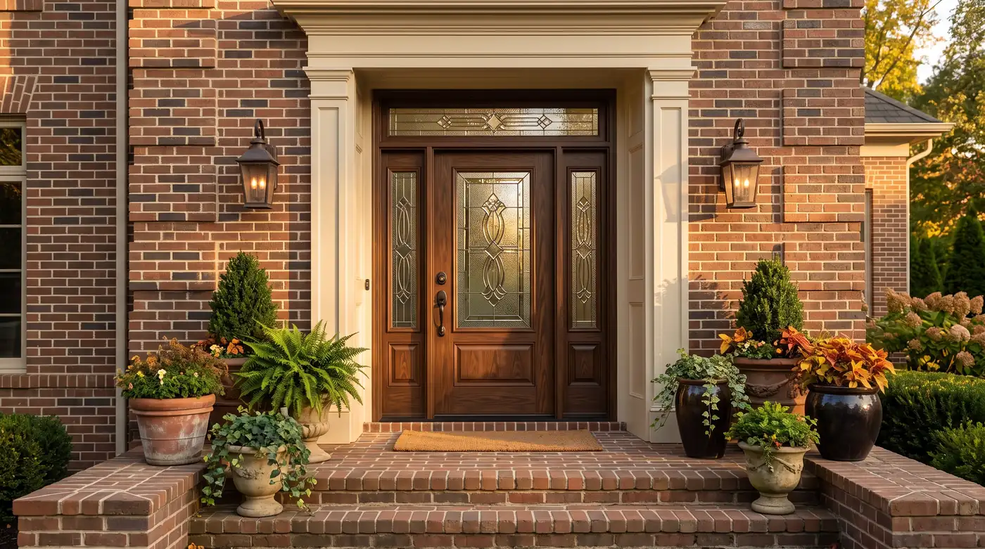 Woodgrain Fiberglass Entry Door | Music City Door & Window Services A stately front entry with a stained woodgrain fiberglass entry door with decorative glass and two sidelites, brick steps and potted plants, golden light