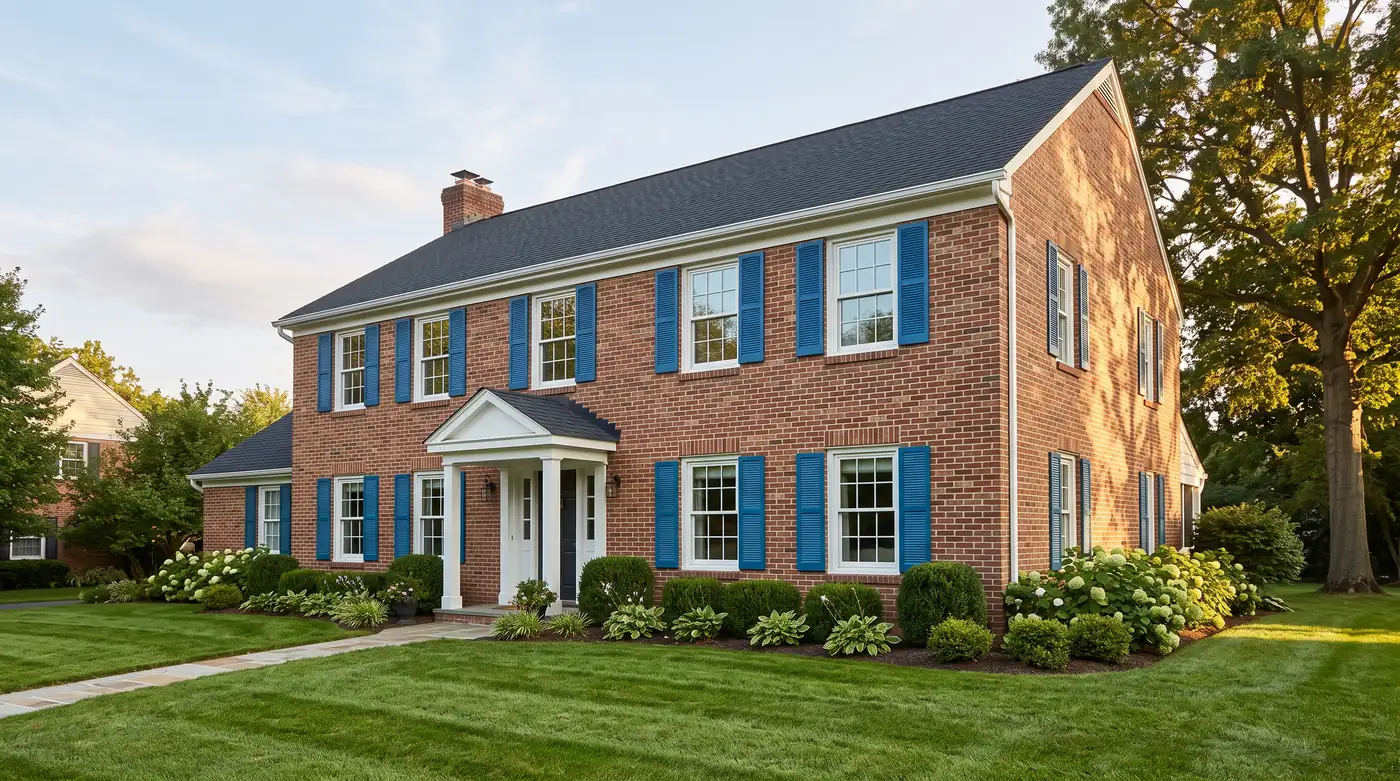 A traditional home with clean white vinyl double-hung windows and brick, bright shutters and a tidy lawn, soft afternoon light