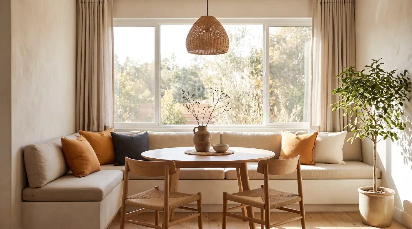 A bright dining nook with a wide slim-frame white vinyl sliding window filling the room with daylight over a small table with a vase
