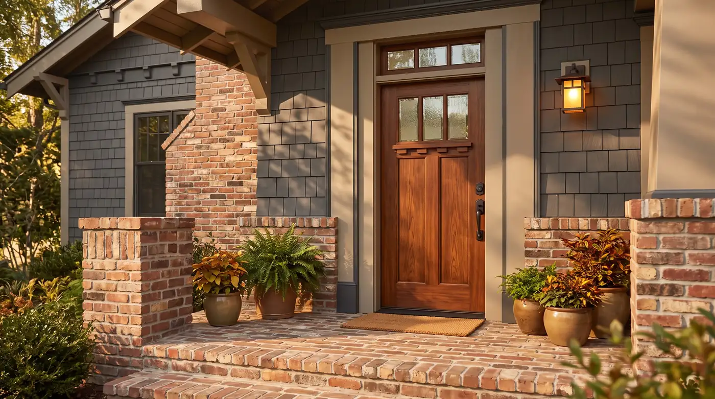 A craftsman front door in a rich stained mahogany-grain fiberglass with a glass lite and a transom, brick porch and warm light